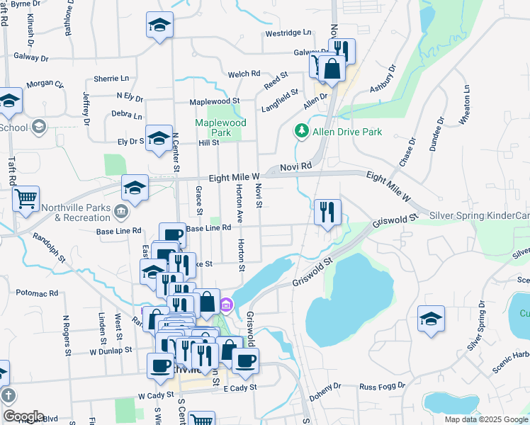 map of restaurants, bars, coffee shops, grocery stores, and more near 43796 Park Grove Ct in Northville