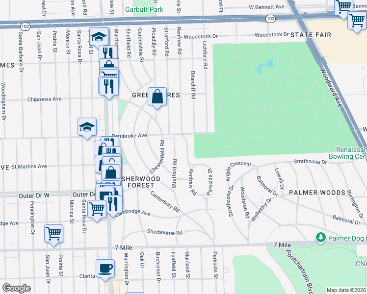 map of restaurants, bars, coffee shops, grocery stores, and more near 19630 Renfrew Road in Detroit
