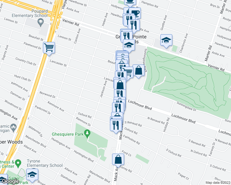 map of restaurants, bars, coffee shops, grocery stores, and more near 1851 Country Club Drive in Grosse Pointe Woods