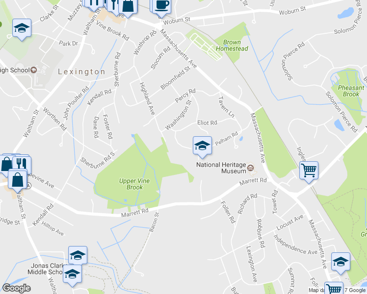 map of restaurants, bars, coffee shops, grocery stores, and more near 23 Bennington Road in Lexington