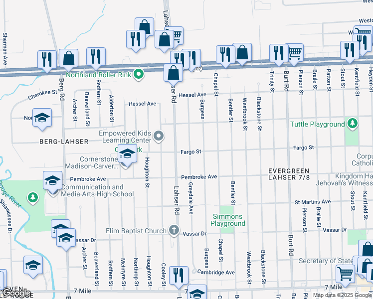 map of restaurants, bars, coffee shops, grocery stores, and more near 20001 Greydale Avenue in Detroit