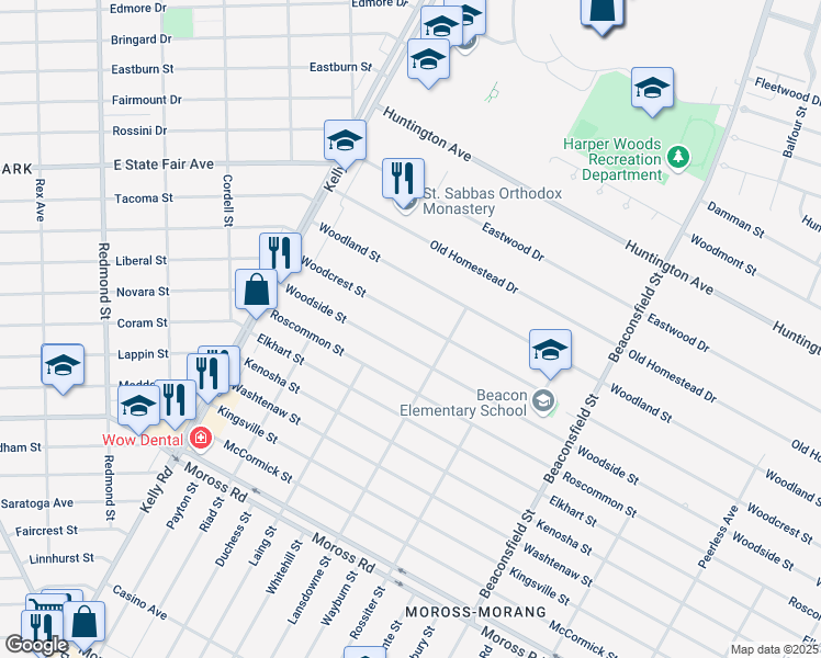 map of restaurants, bars, coffee shops, grocery stores, and more near 18944 Woodcrest Street in Harper Woods