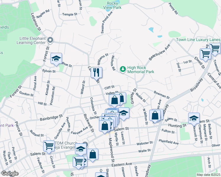 map of restaurants, bars, coffee shops, grocery stores, and more near 25 Cliff Street in Malden