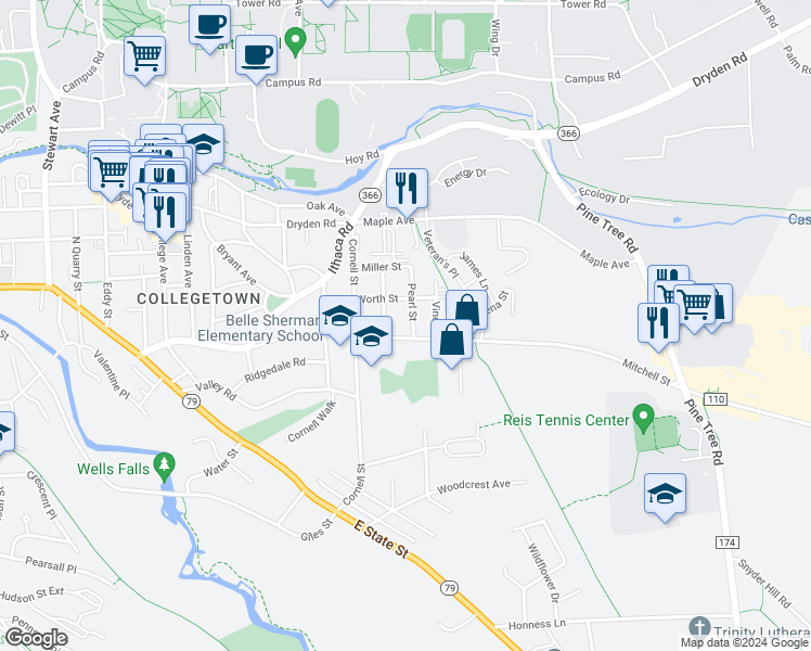 map of restaurants, bars, coffee shops, grocery stores, and more near 104 Pearl Street in Ithaca