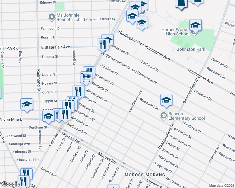 map of restaurants, bars, coffee shops, grocery stores, and more near 18811 Woodside Street in Harper Woods