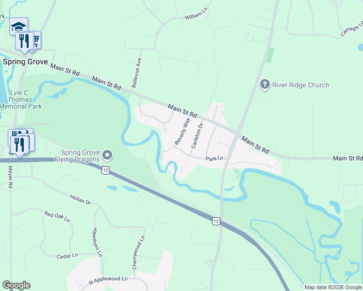 map of restaurants, bars, coffee shops, grocery stores, and more near 1310 Park Lane in Spring Grove