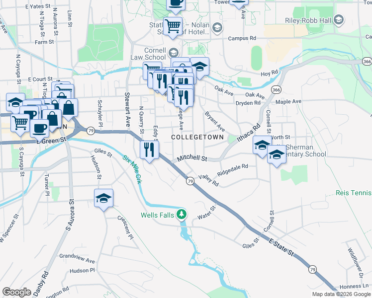 map of restaurants, bars, coffee shops, grocery stores, and more near 109 College Avenue in Ithaca