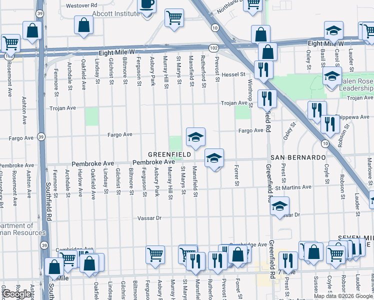 map of restaurants, bars, coffee shops, grocery stores, and more near 19940 Mansfield Street in Detroit