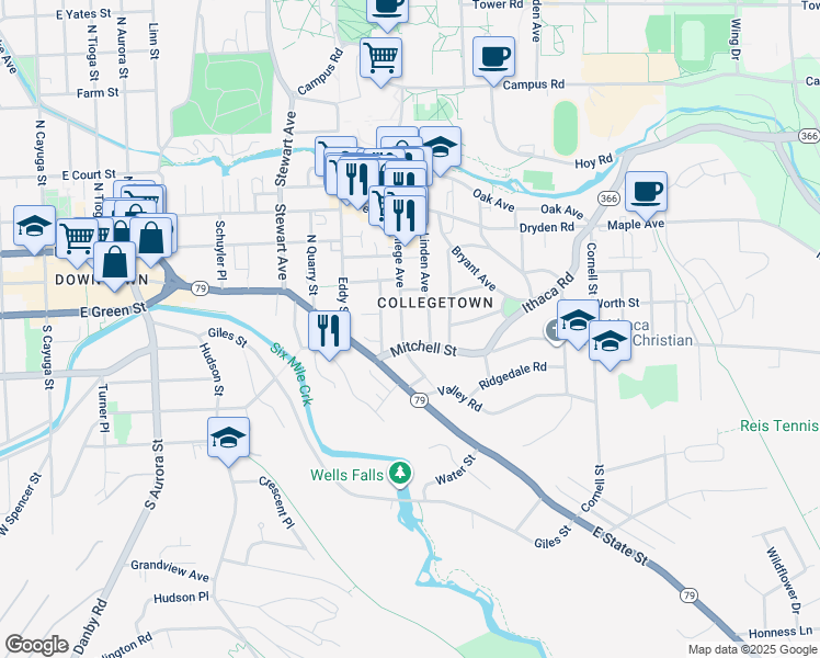 map of restaurants, bars, coffee shops, grocery stores, and more near 109 College Avenue in Ithaca