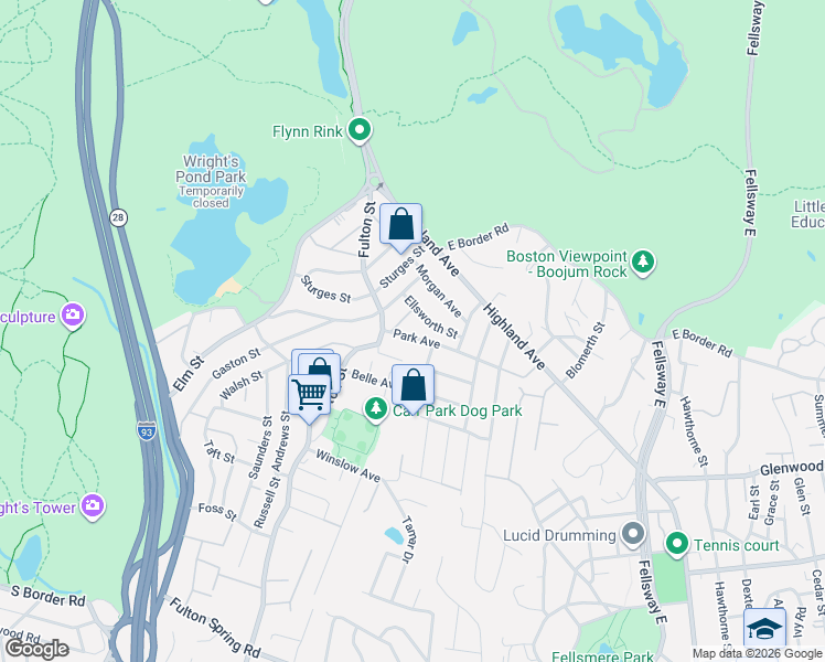 map of restaurants, bars, coffee shops, grocery stores, and more near 28 Park Avenue in Medford