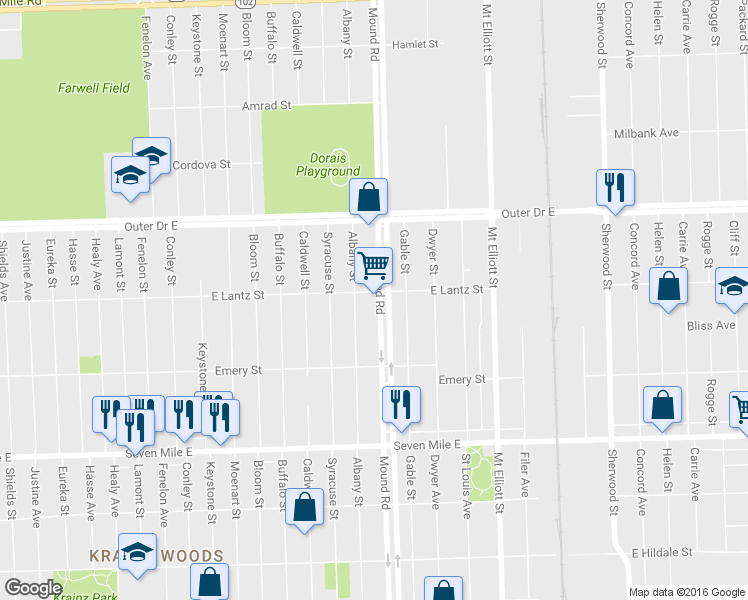 map of restaurants, bars, coffee shops, grocery stores, and more near 19457 Mound Rd in Detroit