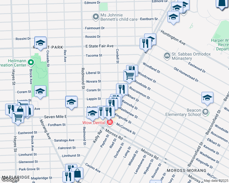 map of restaurants, bars, coffee shops, grocery stores, and more near 16290 Coram Street in Detroit