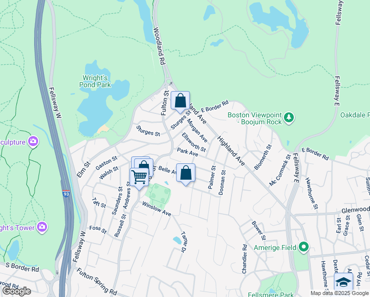 map of restaurants, bars, coffee shops, grocery stores, and more near 28 Park Avenue in Medford