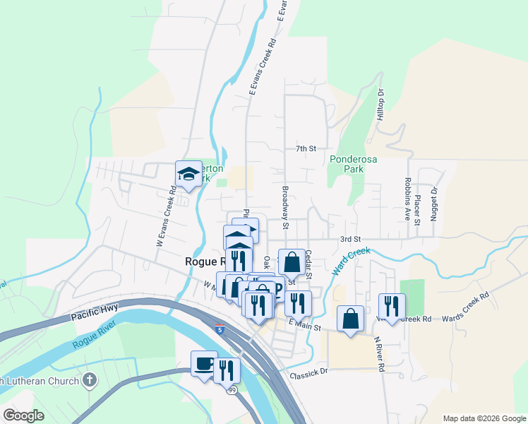 map of restaurants, bars, coffee shops, grocery stores, and more near 422 Pine Street in Rogue River
