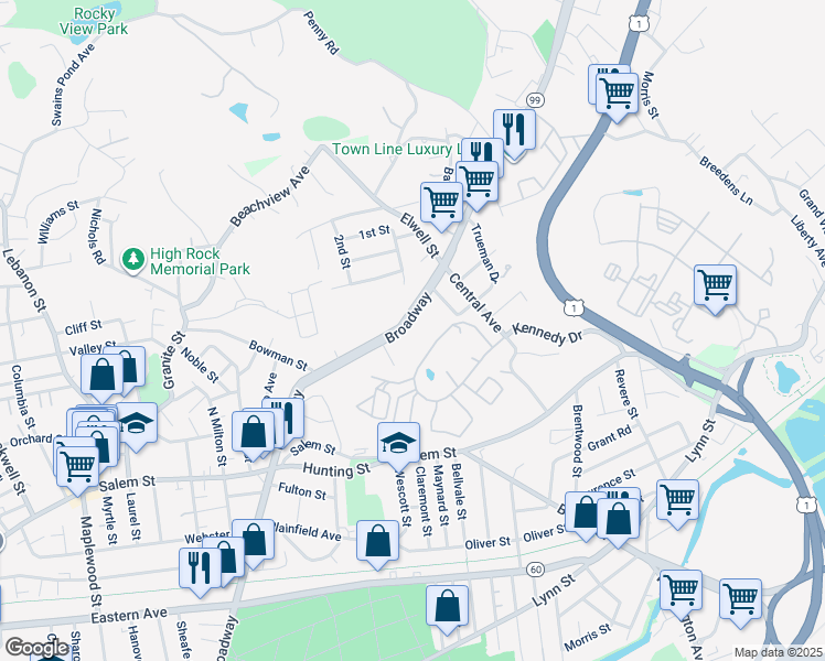 map of restaurants, bars, coffee shops, grocery stores, and more near 495 Broadway in Malden