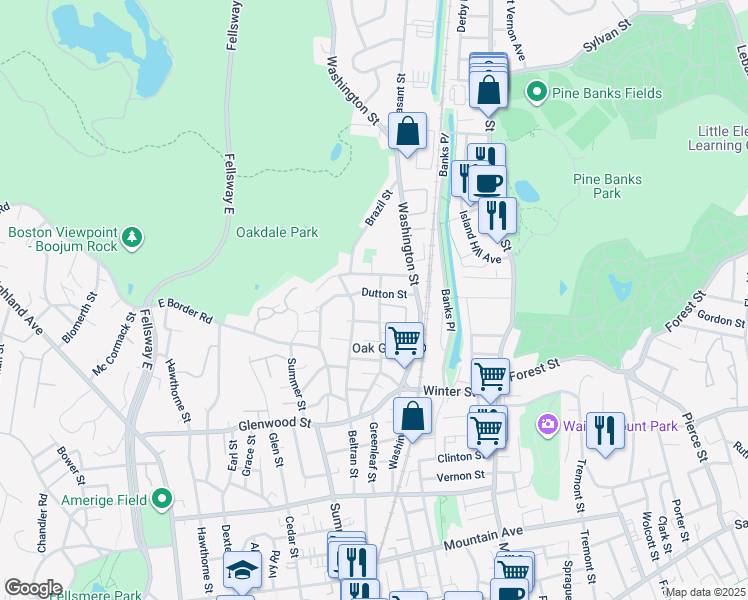 map of restaurants, bars, coffee shops, grocery stores, and more near 114 Wyoming Avenue in Malden