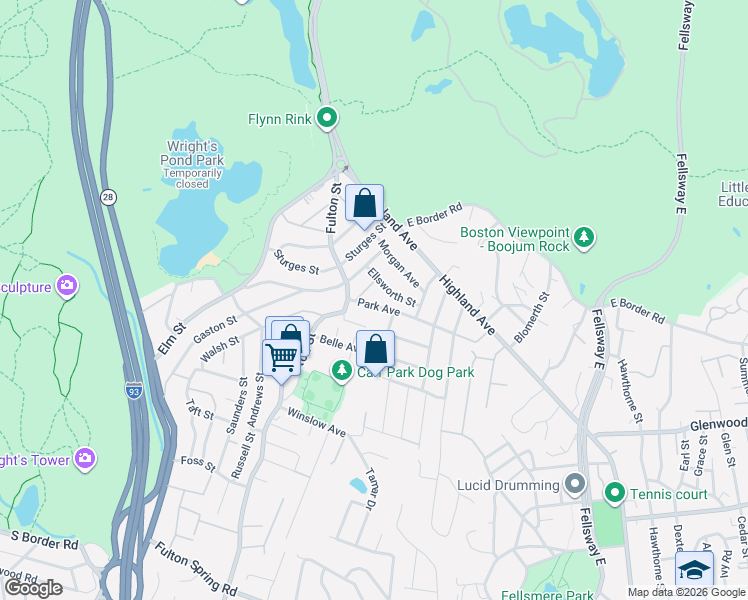 map of restaurants, bars, coffee shops, grocery stores, and more near 28 Park Avenue in Medford