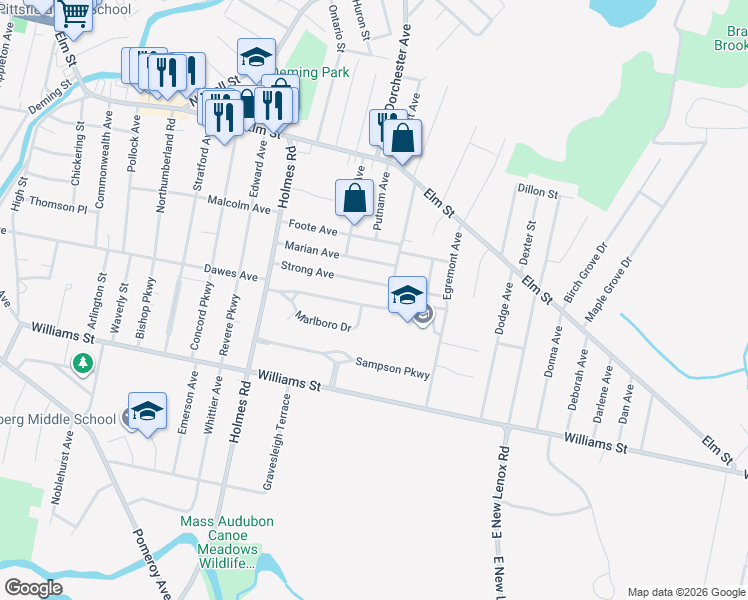 map of restaurants, bars, coffee shops, grocery stores, and more near 82 Strong Avenue in Pittsfield