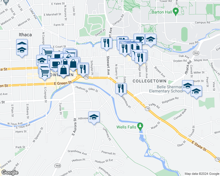 map of restaurants, bars, coffee shops, grocery stores, and more near 114 Ferris Place in Ithaca