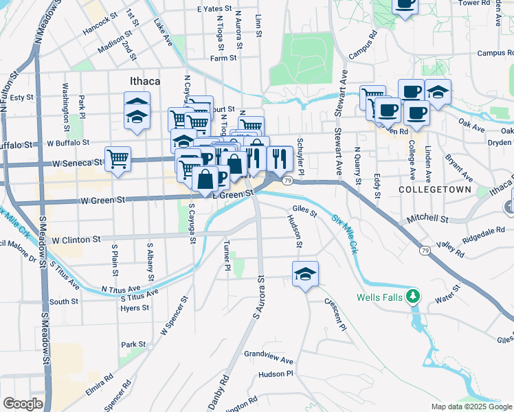 map of restaurants, bars, coffee shops, grocery stores, and more near 222 North Aurora Street in Ithaca