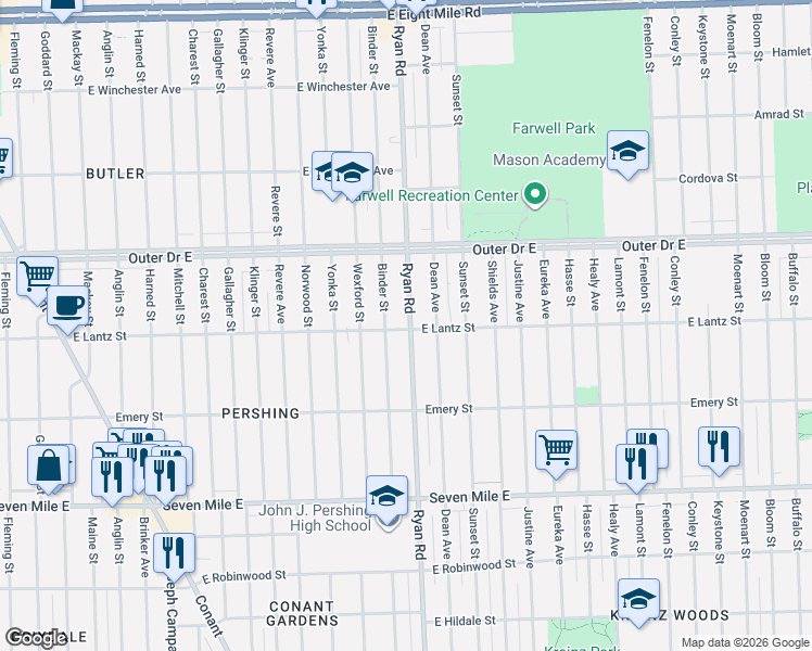 map of restaurants, bars, coffee shops, grocery stores, and more near 19458 Binder Street in Detroit