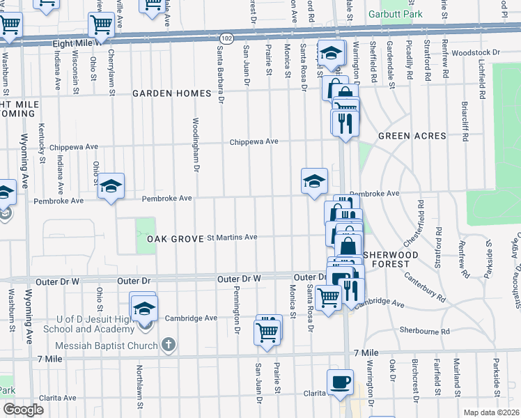 map of restaurants, bars, coffee shops, grocery stores, and more near 19769 Prairie Street in Detroit