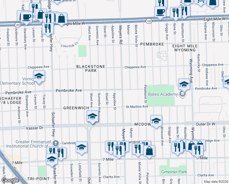 map of restaurants, bars, coffee shops, grocery stores, and more near 19790 Appoline Street in Detroit