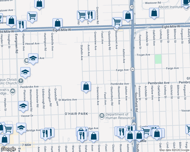 map of restaurants, bars, coffee shops, grocery stores, and more near 19935 Greenview Avenue in Detroit