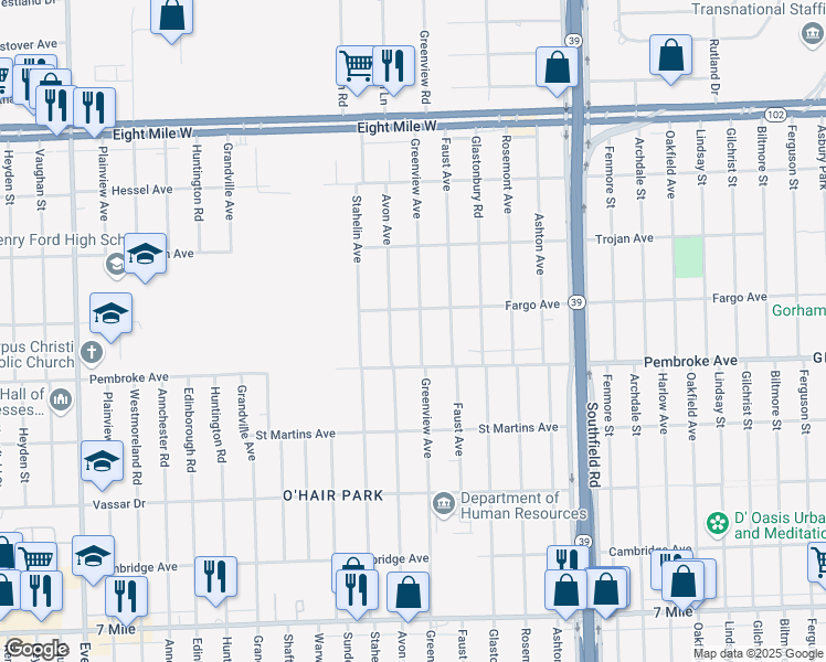 map of restaurants, bars, coffee shops, grocery stores, and more near 19935 Greenview Avenue in Detroit