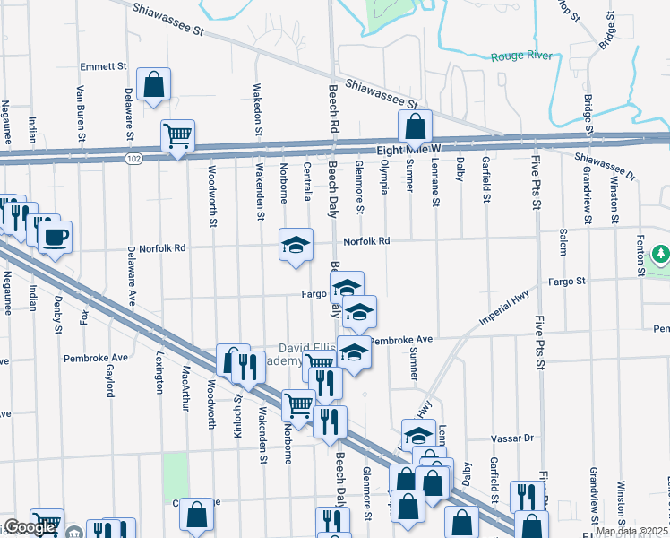map of restaurants, bars, coffee shops, grocery stores, and more near 20063 Beech Daly in Redford Charter Township