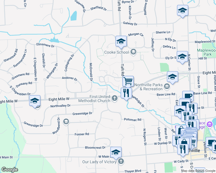 map of restaurants, bars, coffee shops, grocery stores, and more near 1060 Bristol Court in Northville