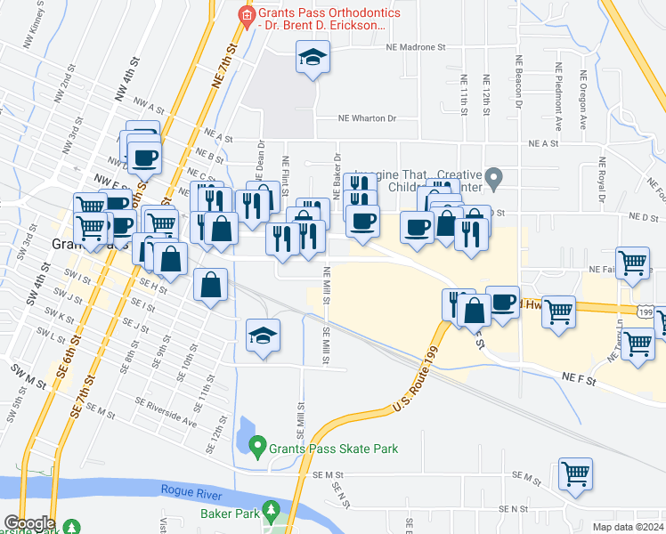 map of restaurants, bars, coffee shops, grocery stores, and more near 145 Northeast Mill Street in Grants Pass