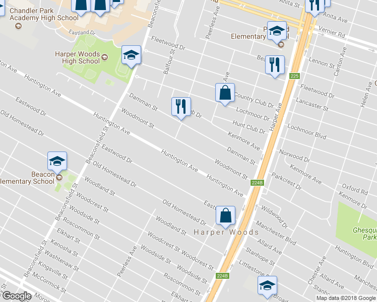 map of restaurants, bars, coffee shops, grocery stores, and more near 20274 Woodmont Street in Harper Woods