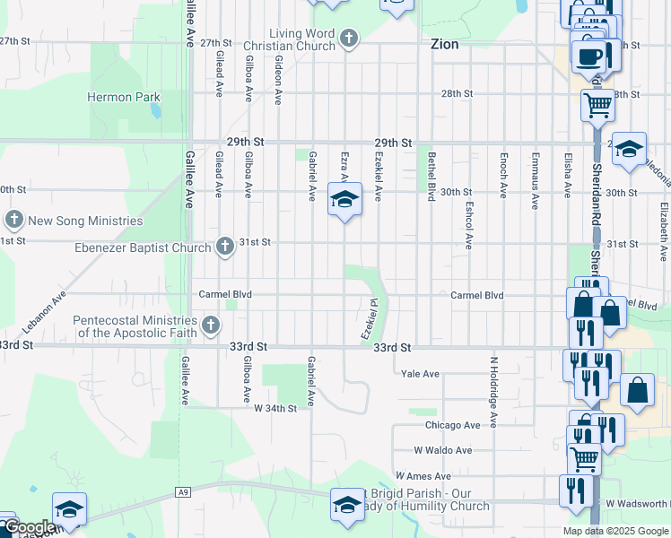 map of restaurants, bars, coffee shops, grocery stores, and more near 3114 Ezra Avenue in Zion