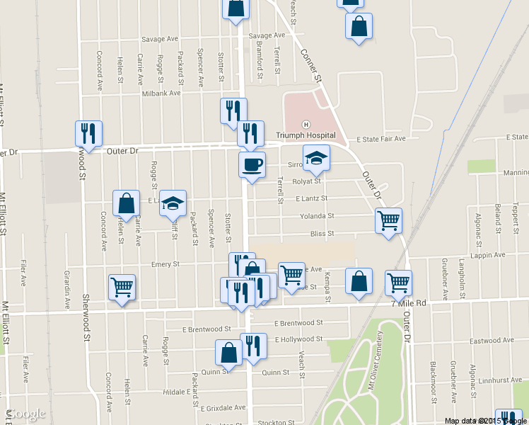 map of restaurants, bars, coffee shops, grocery stores, and more near 8041 Yolanda Street in Detroit