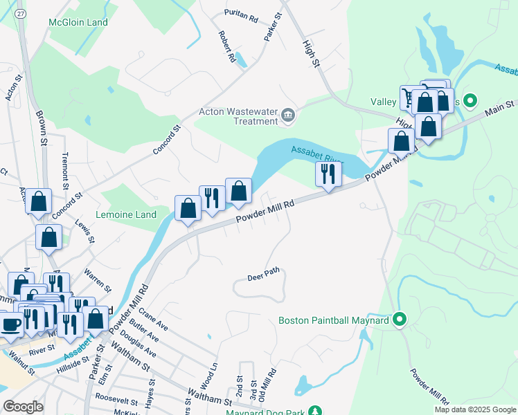map of restaurants, bars, coffee shops, grocery stores, and more near 102 Powder Mill Road in Maynard