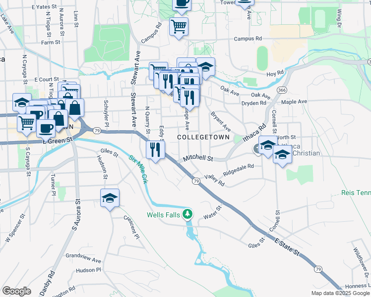 map of restaurants, bars, coffee shops, grocery stores, and more near 105 College Avenue in Ithaca