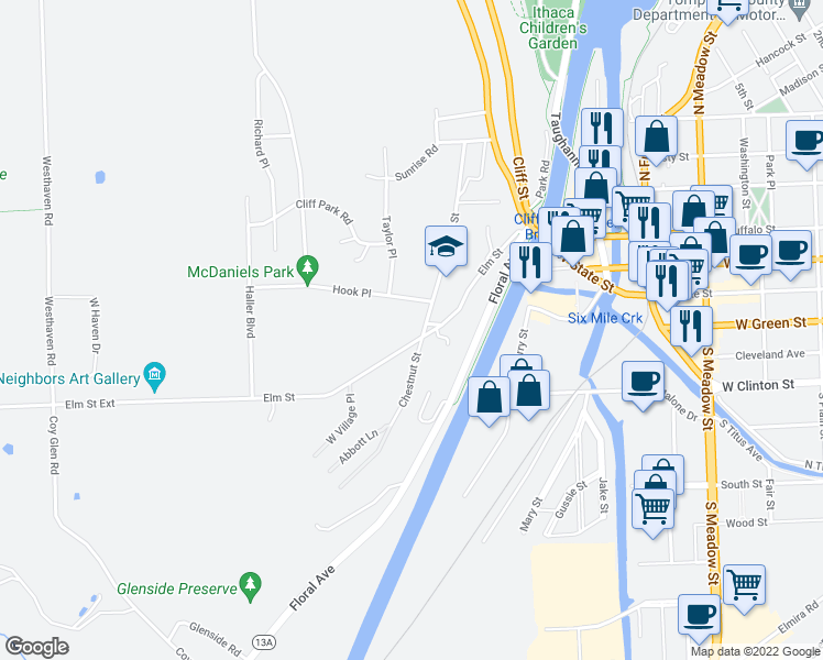 map of restaurants, bars, coffee shops, grocery stores, and more near 426 Chestnut Street in Ithaca