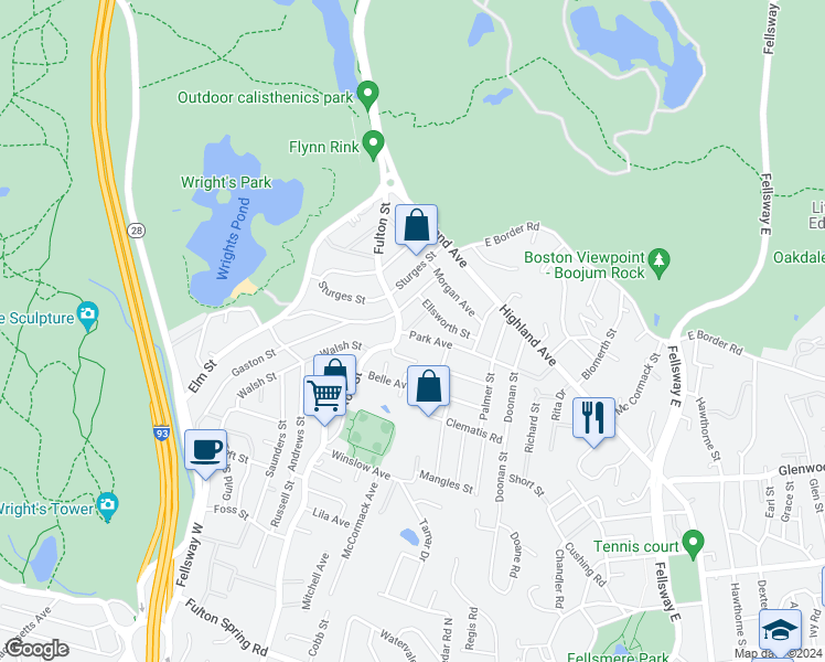 map of restaurants, bars, coffee shops, grocery stores, and more near 14 Park Avenue in Medford