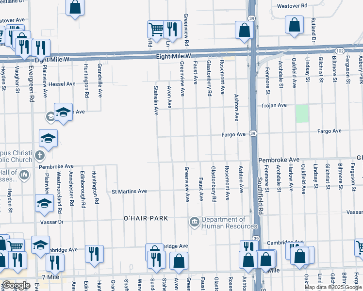 map of restaurants, bars, coffee shops, grocery stores, and more near 19935 Greenview Avenue in Detroit