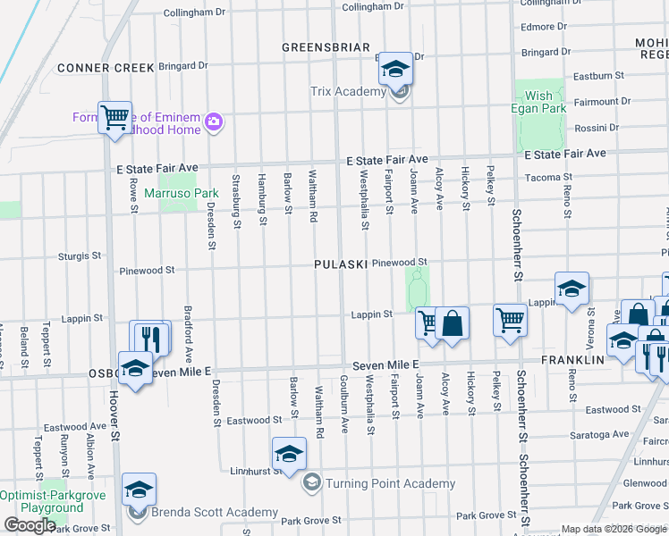map of restaurants, bars, coffee shops, grocery stores, and more near 19400 Goulburn Avenue in Detroit