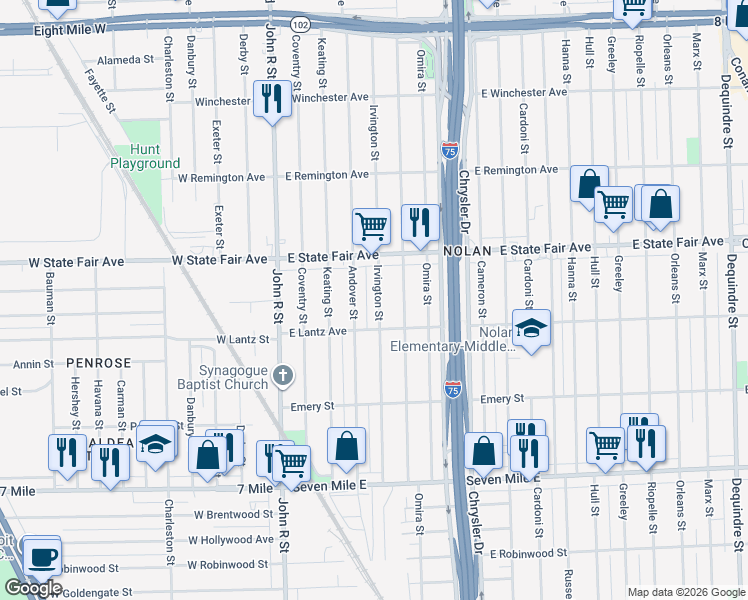 map of restaurants, bars, coffee shops, grocery stores, and more near 19651 Irvington Street in Highland Park