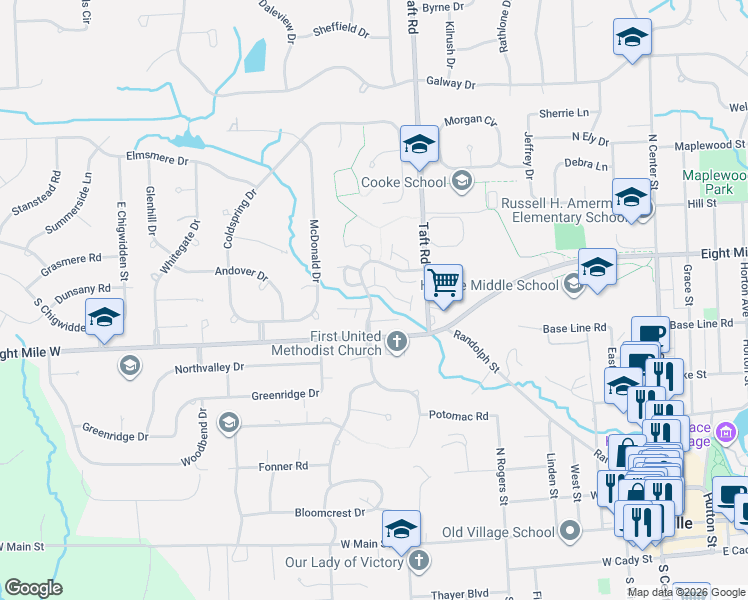 map of restaurants, bars, coffee shops, grocery stores, and more near 1060 Bristol Court in Northville