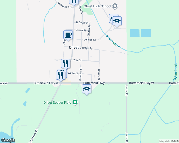 map of restaurants, bars, coffee shops, grocery stores, and more near 700 Spring Street in Olivet