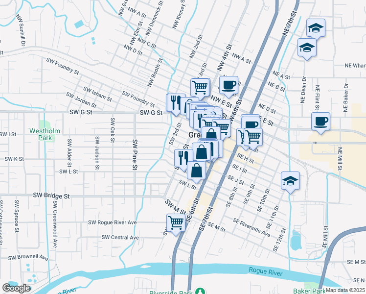 map of restaurants, bars, coffee shops, grocery stores, and more near 303 Southwest I Street in Grants Pass