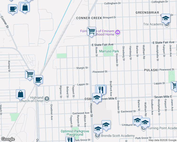 map of restaurants, bars, coffee shops, grocery stores, and more near 19400 Albion Avenue in Detroit