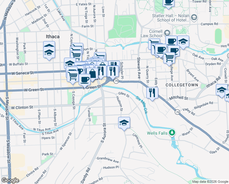 map of restaurants, bars, coffee shops, grocery stores, and more near 123 Hudson Street in Ithaca