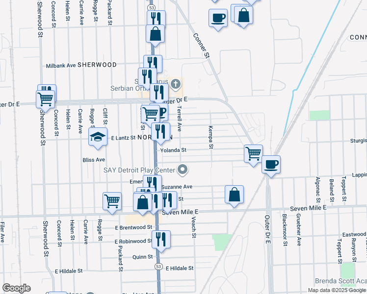 map of restaurants, bars, coffee shops, grocery stores, and more near 8107 Yolanda Street in Detroit