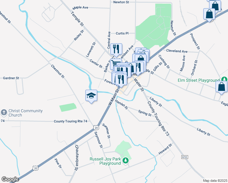 map of restaurants, bars, coffee shops, grocery stores, and more near 85 West Main Street in Fredonia