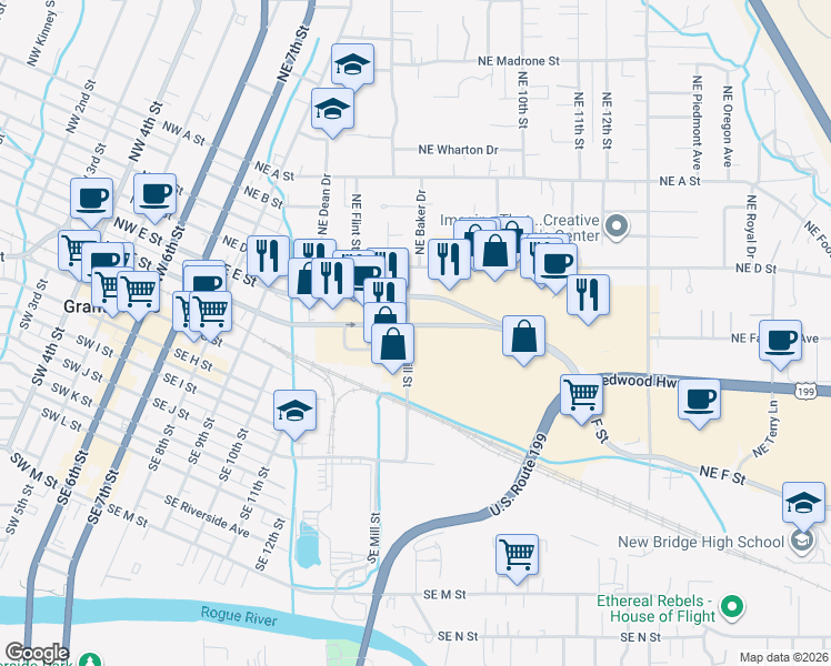 map of restaurants, bars, coffee shops, grocery stores, and more near 145 Northeast Mill Street in Grants Pass